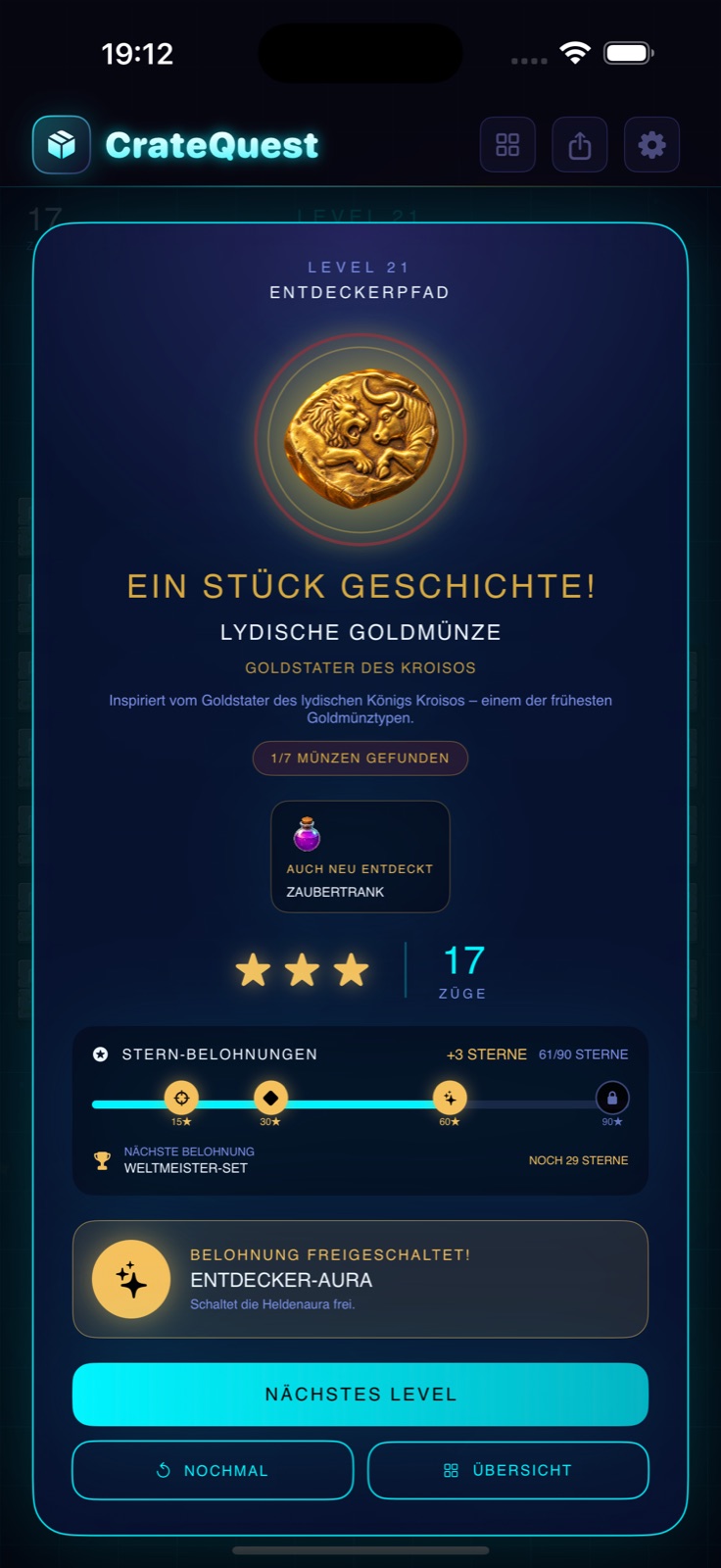 Fund einer seltenen lydischen Goldmünze nach einem gelösten CrateQuest-Level