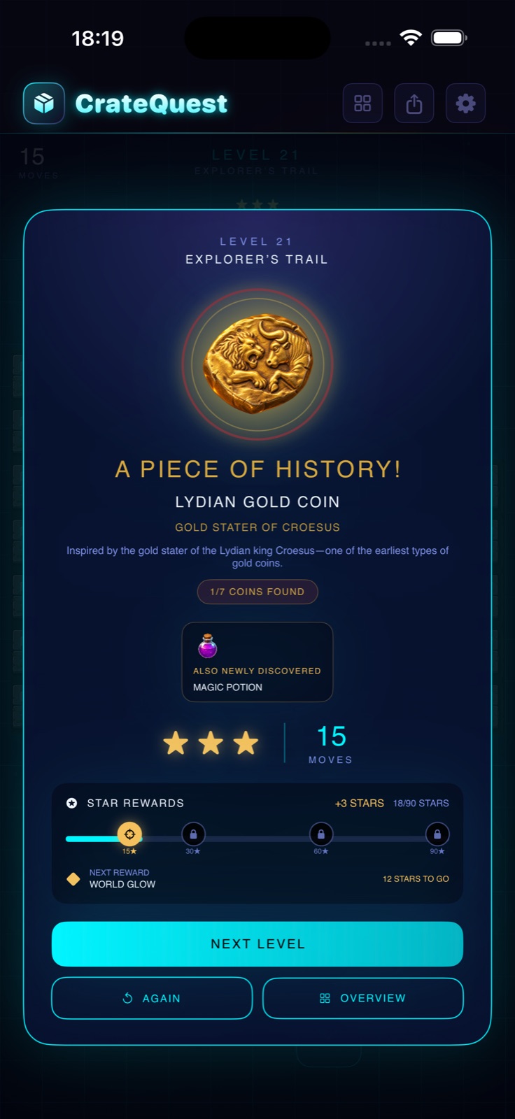 A rare Lydian gold coin discovered after solving a CrateQuest level