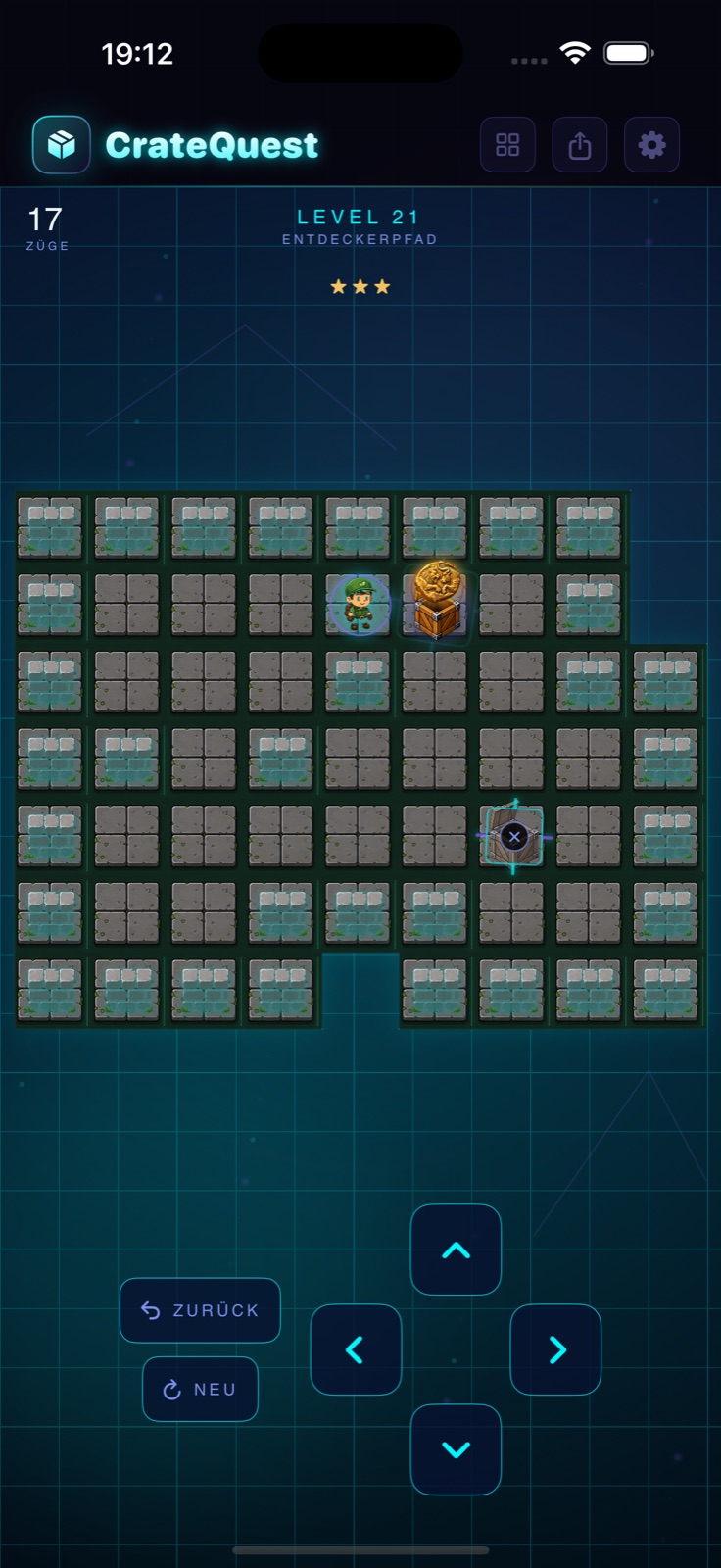 CrateQuest Level 21 mit Spielfeld und Steuerkreuz