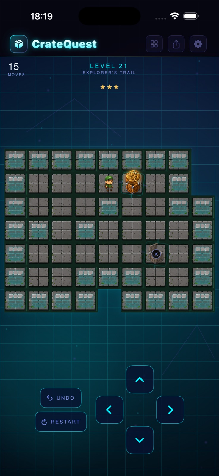 CrateQuest level 21 with game board and directional controls