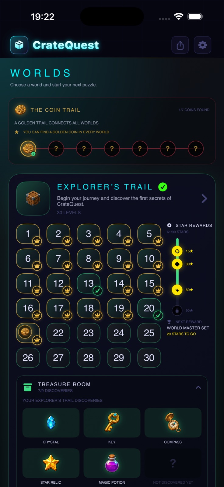 CrateQuest world overview with star rewards and treasury