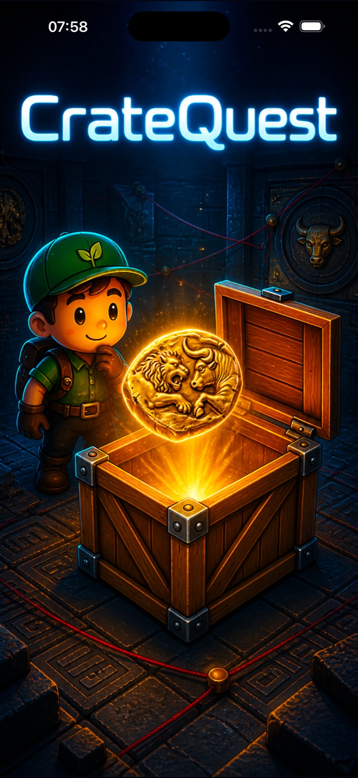 CrateQuest opening art with explorer, treasure chest and gold coin