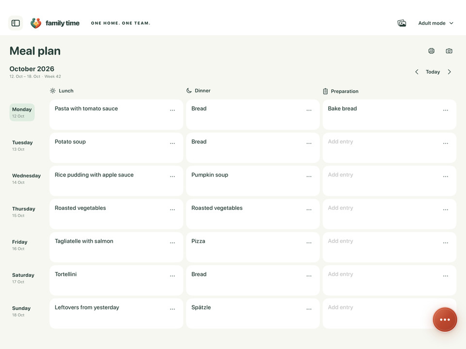 Family Time meal plan on iPad with meals from Monday to Sunday