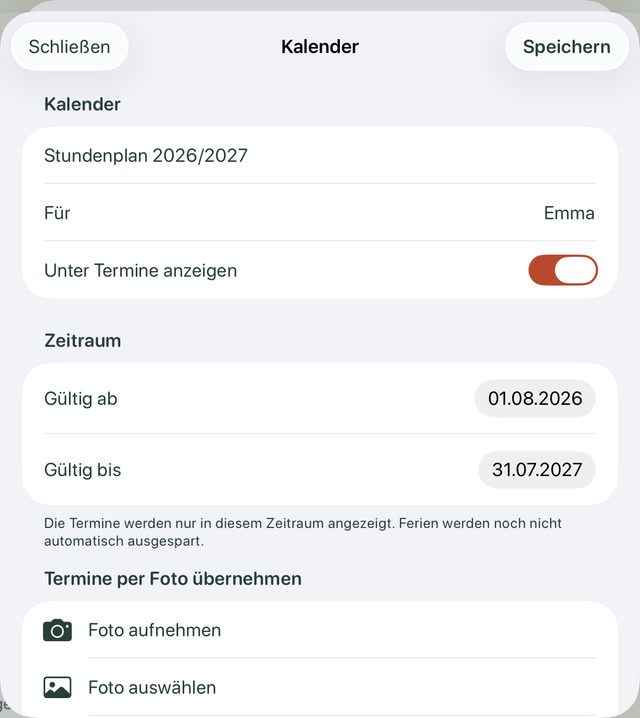 Emmas persönlicher Stundenplan mit Name, eingeschalteter Anzeige und Gültigkeitszeitraum.