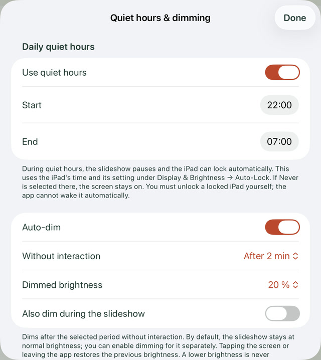 Quiet hours and dimming with a 22:00 start, 07:00 end and auto-dim enabled.