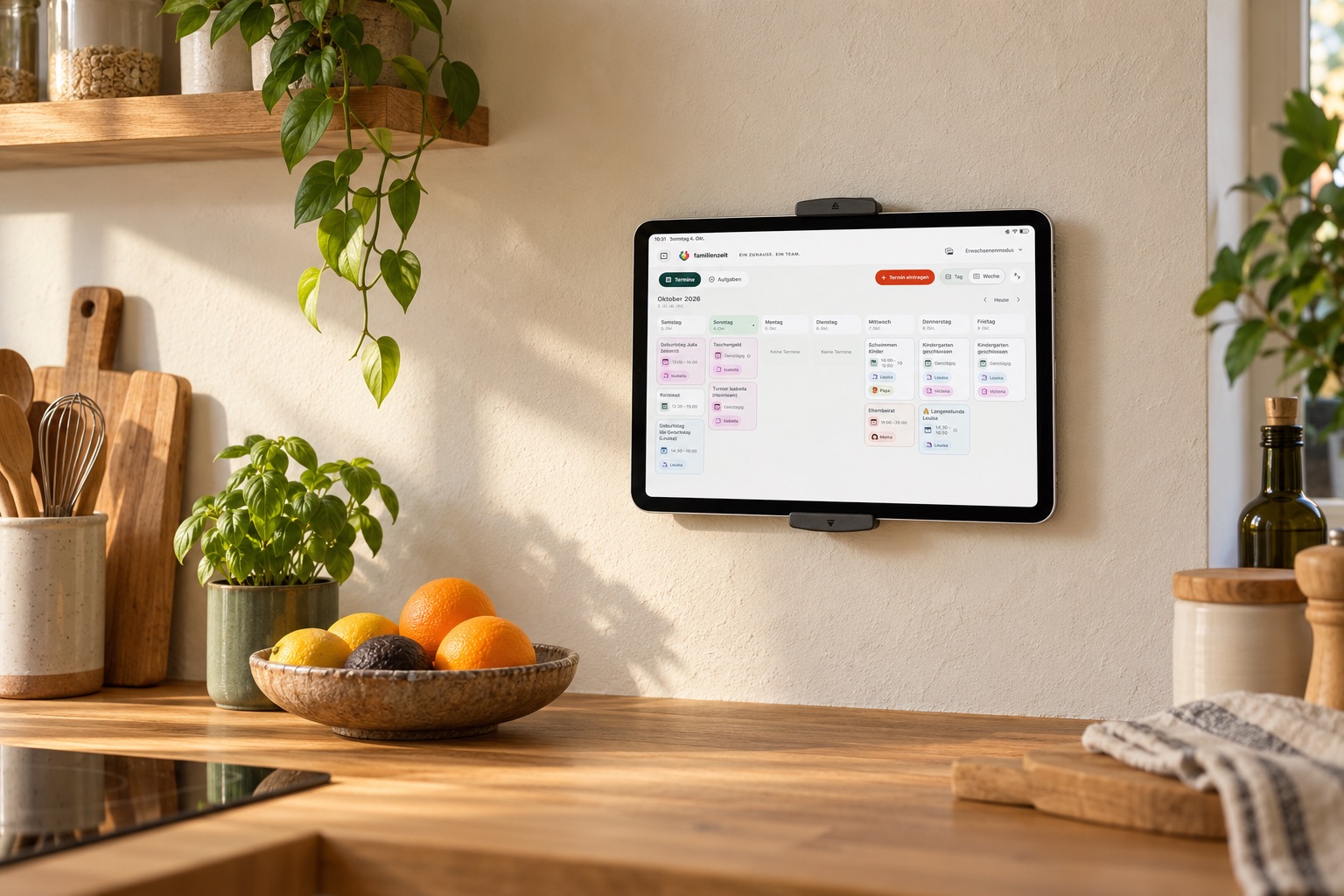 Family Time calendar on a wall-mounted iPad in a kitchen; German app view