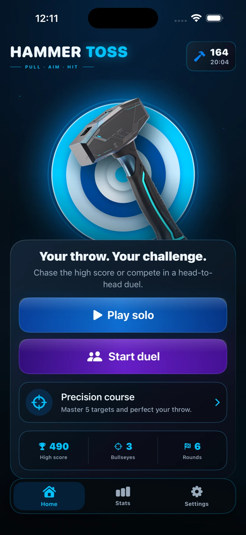Hammer Toss home screen with solo and duel modes
