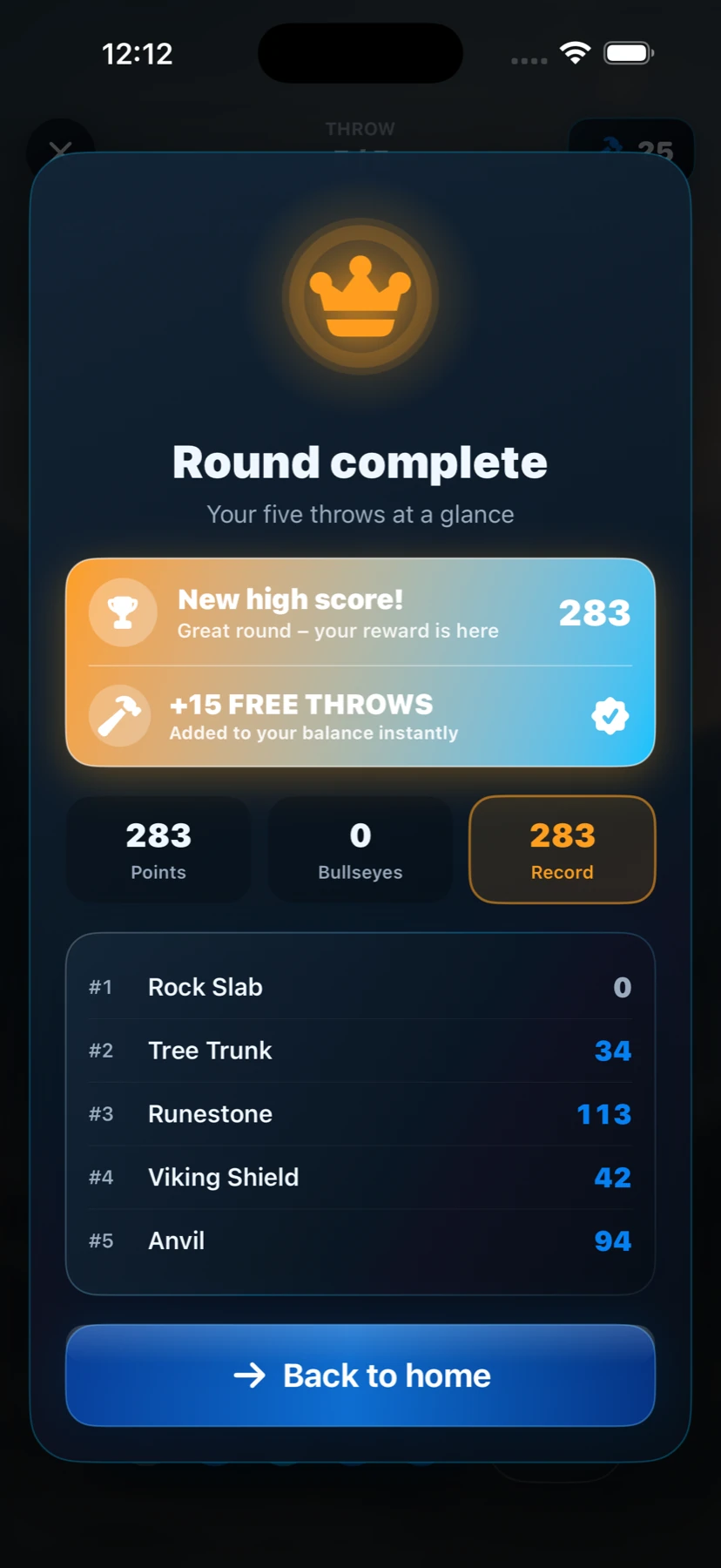 Round result with a new best score and reward